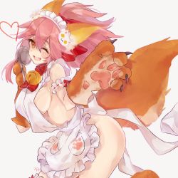 Rule 34 | 1girl, animal ears, animal hands, apron, ass, bell, blush, breasts, collar, fang, fate/grand order, fate (series), fox ears, fox tail, hair ribbon, heart, large breasts, long hair, looking at viewer, looking to the side, naked apron, neck bell, one eye closed, open mouth, pink hair, ribbon, sideboob, simple background, solo, tail, tamamo (fate), tamamo cat (fate), tamamo cat (third ascension) (fate), tamamo no mae (fate/extra), white background, yellow eyes