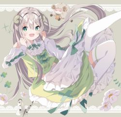 Rule 34 | 1girl, :d, animal, animal ears, apron, bad id, bad pixiv id, bow, bug, butterfly, clover, commentary, detached sleeves, feet out of frame, flower, four-leaf clover, frilled apron, frilled skirt, frills, green bow, green eyes, green footwear, green shirt, green skirt, grey background, grey hair, hair between eyes, highres, horns, insect, leg up, long hair, long sleeves, looking at viewer, open mouth, original, puffy long sleeves, puffy sleeves, sheep, sheep ears, sheep girl, sheep horns, shirt, shoes, simple background, skirt, sleeveless, sleeveless shirt, smile, solo, symbol-only commentary, tantan men (dragon), thighhighs, very long hair, waist apron, white apron, white flower, white sleeves, white thighhighs