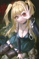 Rule 34 | 1girl, amane misa, black choker, black dress, black footwear, black sleeves, blonde hair, boots, breasts, chain, chain necklace, choker, cleavage, commentary, cross, cross earrings, cross necklace, cuffs, death note, detached sleeves, dress, earrings, fishnet thighhighs, fishnets, full body, garter straps, goth fashion, grin, handcuffs, heart, heart choker, heterochromia, highres, jewelry, jyuma, lace-trimmed sleeves, lace trim, latin cross, long hair, looking at viewer, medium breasts, nail polish, necklace, ok sign, ok sign over eye, pile of skulls, red eyes, red nails, sitting, skull, sleeveless, sleeveless dress, smile, solo, thighhighs, two side up, yellow eyes, yokozuwari
