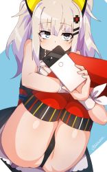 Rule 34 | 1girl, bare shoulders, black dress, black panties, blue background, blue eyes, blush, cellphone, closed mouth, dress, hair ornament, hairclip, highres, holding, holding phone, hugging own legs, kaguya luna, long hair, looking at viewer, obi, panties, phone, red thighhighs, sash, selfie, short dress, sidelocks, silver hair, sitting, sleeveless, sleeveless dress, solo, the moon studio, thighhighs, tilt-shift (azalanz), twintails, twitter username, two-tone background, underwear, virtual youtuber, white background