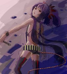 Rule 34 | 10s, 1girl, back, bare shoulders, belt, bracelet, braid, collar, flat chest, gradient background, hair ornament, jewelry, lips, mole, purple background, purple eyes, purple hair, short hair, short shorts, shorts, staff, symonne (tales), tales of (series), tales of zestiria, thighhighs, twintails, weapon