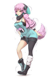 Rule 34 | 1girl, :o, animal ears, asymmetrical legwear, black footwear, black scarf, black thighhighs, blush, boots, borrowed character, breasts, cleavage, cross-laced footwear, full body, hair ornament, hairclip, highres, hood, hoodie, horns, lace-up boots, leaning forward, long hair, looking at viewer, medium breasts, mismatched legwear, open clothes, open hoodie, original, overalls, packge, pink eyes, pink hair, scarf, sideboob, simple background, single sock, single thighhigh, socks, solo, tail, thighhighs, undershirt, white background, x hair ornament