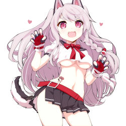 Rule 34 | 1girl, :3, :d, animal ears, azur lane, belt, belt buckle, black gloves, black skirt, blouse, blue nails, blush, braid, breasts, brown nails, buckle, claw pose, commentary request, contrapposto, crop top, crop top overhang, fang, fingerless gloves, gloves, grey hair, hair between eyes, hair ornament, heart, heart hair ornament, long hair, looking at viewer, medium breasts, multicolored nails, nail polish, navel, open mouth, pleated skirt, puffy short sleeves, puffy sleeves, purple eyes, purple nails, red belt, school uniform, serafuku, shirt, short sleeves, side braid, silver nails, simple background, single braid, skirt, smile, solo, standing, tail, tattoo, thick eyebrows, tray, underboob, very long hair, watarui, white background, white nails, white shirt, wolf ears, wolf girl, wolf tail, yuudachi (azur lane)