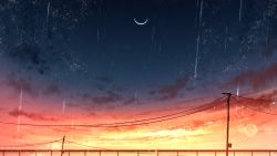 Rule 34 | cloud, colorful, gradient sky, highres, lens flare, moon, multicolored background, no humans, original, power lines, railing, rain, rune xiao, scenery, sky, star (sky), starry moon, starry sky, sunset, twilight, utility pole