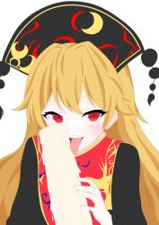 1girl black_hat black_shirt blonde_hair commentary_request crescent_print double-parted_bangs ears fang fellatio food hat highres ice_cream junko_(touhou) kurapi_pref licking light_blush long_hair looking_at_viewer nose open_mouth phoenix_crown red_eyes red_tabard sexually_suggestive shirt simulated_fellatio smile solo tabard tassel teeth tongue tongue_out touhou upper_body upper_teeth_only white_background