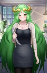 1girl absurdres alternate_costume blurry blurry_background breasts cardigan circlet cleavage collarbone delvy_17 green_eyes green_hair highres indoors kid_icarus kid_icarus_uprising long_hair looking_at_viewer nintendo office_lady palutena pantyhose pencil_skirt signature skirt solo very_long_hair