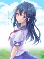Rule 34 | 1girl, ahoge, arms at sides, black hair, blue sailor collar, blue skirt, blue sky, blush, breasts, closed mouth, cloud, cloudy sky, cowboy shot, day, dot nose, from side, hair between eyes, highres, idoly pride, lips, long hair, looking at viewer, medium breasts, nagase mana, neckerchief, omoimochi, one side up, outdoors, parted bangs, pleated skirt, purple eyes, raised eyebrows, red neckerchief, sailor collar, shirt, short sleeves, sidelocks, skirt, sky, sleeve cuffs, smile, solo, straight hair, white shirt