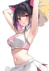 Rule 34 | 1girl, alternate costume, animal ears, armpits, arms up, bare arms, bare shoulders, black hair, blue archive, blush, bob cut, breasts, cat ears, character name, cheerleader, cleavage, cosplay, criss-cross halter, crop top, extra ears, hair ornament, hairclip, halterneck, highres, holding, holding pom poms, kazusa (blue archive), large breasts, looking at viewer, marisasu (marisa0904), millennium cheerleader outfit (blue archive), multicolored hair, navel, paw print, pink hair, pleated skirt, pom pom (cheerleading), pom poms, red eyes, shirt, short hair, sidelocks, simple background, skirt, sleeveless, sleeveless shirt, solo, star sticker, sticker on face, stomach, text print, two-tone hair, white background, white skirt
