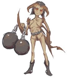 Rule 34 | 1girl, chain, emaciated, metal ball, looking at viewer, monster girl, personification, ribs, serious sam, simple background, skeleton, solo, triple-q, white background