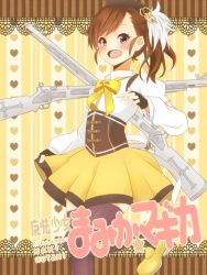 Rule 34 | 1girl, :d, bad id, bad pixiv id, black gloves, black thighhighs, blush, brown hair, chelta, corset, cosplay, fingerless gloves, flat chest, futami mami, gloves, gun, hat, idolmaster, idolmaster (classic), leg up, long hair, magical girl, magical musket, mahou shoujo madoka magica, mahou shoujo madoka magica (anime), name connection, open mouth, pink eyes, resized, ribbon, rifle, side ponytail, skirt, smile, solo, thighhighs, tomoe mami, tomoe mami (cosplay), weapon, zettai ryouiki