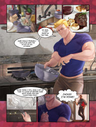Rule 34 | 2boys, bara, beard, black hoodie, black pants, blonde hair, blue eyes, blue shirt, bowl, brown hair, brown pants, clenched teeth, cooking, couple, cream, facial hair, food, hand in pocket, holding, holding bowl, holding whisk, hood, hood down, hoodie, kitchen, large pectorals, male focus, mixing bowl, multiple boys, muscular, muscular male, mustache, oricalcon, overwatch, overwatch 1, pants, parted lips, pectorals, reaper (overwatch), shirt, short hair, soldier: 76 (overwatch), teeth, valentine, whisk, whisking, yaoi