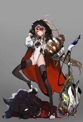 Rule 34 | 1girl, absurdres, bad id, bad twitter id, black gloves, blonde hair, blood, blood on face, bloody weapon, breasts, cape, cleavage, cleavage cutout, clothing cutout, covered navel, death, fur trim, gloves, goggles, goggles on head, gradient background, grey background, half gloves, highres, hood, hood up, injury, jacket, leotard, long hair, mechanical arms, medium breasts, original, parted lips, single mechanical arm, solo, standing, teeth, thighhighs, uthy, weapon, white eyes, white jacket, white leotard, yellow eyes