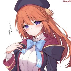 Rule 34 | 1girl, aged up, beret, black hat, black jacket, blue bow, blue bowtie, blue eyes, blush, bow, bowtie, braid, breasts, collared shirt, hair between eyes, hat, hood, hooded coat, jacket, large breasts, long hair, looking at viewer, open clothes, open jacket, orange hair, princess connect!, sazamiso rx, shirt, simple background, smile, solo, upper body, white background, white shirt, yuni (princess connect!)