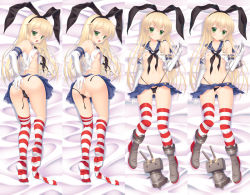 Rule 34 | 10s, 1girl, anchor, ass, black panties, blonde hair, blush, boots, cleft of venus, clothing aside, elbow gloves, flat chest, gloves, grey footwear, hair ornament, hairband, high heels, highleg, highleg panties, kantai collection, long hair, looking at viewer, looking back, lying, multiple views, nanami ayane, navel, nipples, on back, panties, panties aside, personification, pussy, rensouhou-chan, shimakaze (kancolle), skirt, striped clothes, striped thighhighs, thighhighs, thighhighs pull, uncensored, underwear, white gloves