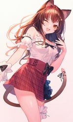 Rule 34 | 1girl, animal ears, bare legs, bare shoulders, bow, breasts, brown hair, casual, detached sleeves, highres, long hair, looking at viewer, looking down, medium breasts, miniskirt, one eye closed, open mouth, petite, plaid, plaid skirt, red skirt, shinotarou (nagunaguex), short sleeves, skirt, smile, tail, tail ornament, thighs, virtual youtuber
