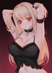 Rule 34 | 1girl, amane misa, arm strap, arms behind back, black bow, blonde hair, blunt bangs, bow, breasts, cleavage, collar, covered erect nipples, cross, death note, ear piercing, gradient background, hair tie, highres, lace, laces, large breasts, long hair, midriff, navel, ompf, parted lips, piercing, red bow, red eyes, simple background, spaghetti strap, two side up