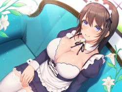 Rule 34 | 1girl, apron, breasts, brown hair, cleavage, closed mouth, collarbone, couch, detached collar, flower, from above, highres, indoors, large breasts, leaf, looking at viewer, maid, maid apron, maid headdress, non-web source, original, purple eyes, sidelocks, sitting, smile, solo, thighhighs, umihal, white thighhighs, window