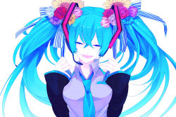 Rule 34 | 1girl, aqua hair, breasts, detached sleeves, female focus, flower, hair flower, hair ornament, hatsune miku, headphones, headset, highres, kyama, long hair, open mouth, simple background, smile, solo, twintails, vocaloid, white background