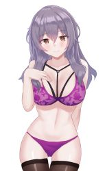 Rule 34 | 1girl, absurdres, bra, breasts, brown eyes, brown thighhighs, cowboy shot, grey hair, hand up, highres, hiiragi shinoa, kano (wi3028), large breasts, lingerie, long hair, looking at viewer, navel, owari no seraph, panties, purple bra, purple panties, simple background, skindentation, smile, solo, standing, stomach, thigh gap, thighhighs, thighs, underwear, underwear only, white background