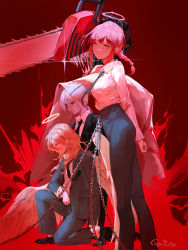 Rule 34 | 2boys, 2girls, absurdres, angel devil (chainsaw man), angel wings, arm behind back, black coat, black footwear, black jacket, black necktie, black pants, blonde hair, blood, blood splatter, braid, braided ponytail, chain, chainsaw, chainsaw man, closed eyes, coat, collared shirt, commentary, denji (chainsaw man), english commentary, eyepatch, feet out of frame, formal, full body, halo, highres, holding own arm, jacket, kyeongsu lee, long hair, looking down, makima (chainsaw man), multiple boys, multiple girls, necktie, on one knee, orange hair, pants, quanxi (chainsaw man), red background, red hair, red theme, ringed eyes, shirt, shirt tucked in, signature, smile, standing, suit, white shirt, wing collar, wings, yellow eyes