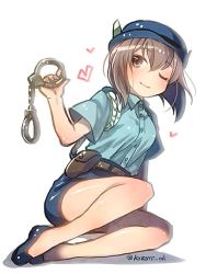 Rule 34 | 1girl, alternate costume, belt, brown eyes, brown hair, commentary, cosplay, cuffs, hair between eyes, handcuffs, hat, heart, kantai collection, kazami miki, one-hour drawing challenge, one eye closed, pencil skirt, police, police uniform, policewoman, pun, shadow, short hair, skirt, smile, solo, taiho shichauzo, taihou (kancolle), tsujimoto natsumi, tsujimoto natsumi (cosplay), twitter username, uniform, wink
