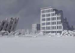 Rule 34 | building, grey theme, lamppost, no humans, original, rubble, ruins, scenery, seo tatsuya, sidewalk, snow