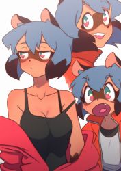 Rule 34 | 1girl, animal ears, animal nose, blue hair, blush, brand new animal, breasts, cleavage, furry, furry female, green eyes, highres, jacket, kagemori michiru, looking to the side, medium breasts, multicolored eyes, multiple views, open mouth, pink eyes, raccoon ears, raccoon girl, red jacket, short hair, simple background, snout, tanquito kun, track jacket, white background