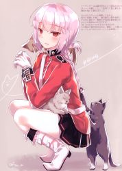 Rule 34 | 1girl, absurdres, animal, animal on lap, black cat, black skirt, blunt bangs, blush, boots, braid, cat, cat on lap, coat, emblem, fate/grand order, fate (series), florence nightingale (fate), folded ponytail, full body, gloves, heart, heart of string, highres, knee boots, long hair, long sleeves, looking at viewer, military, military uniform, motomiya mitsuki, on lap, own hands together, pantyhose, parted lips, pink hair, pleated skirt, red coat, red eyes, scan, single braid, skirt, smile, solo, squatting, uniform, white cat, white footwear, white gloves, white pantyhose