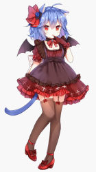 Rule 34 | 1girl, :o, ahoge, alternate costume, animal ears, arm behind back, bat wings, blue gemstone, blue hair, bow, bowtie, breasts, brooch, brown thighhighs, cat ears, cat tail, child, cleavage, detached collar, dress, frilled dress, frills, full body, garter straps, gem, gloves, hair between eyes, high heels, highres, jewelry, kemonomimi mode, layered dress, leg up, looking at viewer, open mouth, pigeon-toed, puffy short sleeves, puffy sleeves, red bow, red bowtie, red dress, red eyes, red footwear, red gloves, red ribbon, remilia scarlet, ribbon, shoes, short dress, short sleeves, slit pupils, small breasts, solo, standing, standing on one leg, tail, tengxiang lingnai, thighhighs, touhou, tsurime, wings, zettai ryouiki