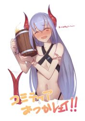 Rule 34 | 1girl, ^ ^, alcohol, bare arms, bare shoulders, beer, beer mug, black panties, blush, closed eyes, commentary request, criss-cross halter, cropped torso, cup, dragon girl, dragon horns, dragon tail, facial mark, facing viewer, flat chest, hair between eyes, halterneck, hands up, head tilt, highleg, highleg panties, highres, holding, holding cup, horns, ibuki notsu, light purple hair, long hair, melusine (ibuki notsu), mug, navel, nose blush, open mouth, original, panties, sidelocks, simple background, solo, stomach, tail, tail wagging, translation request, underwear, upper body, very long hair, white background