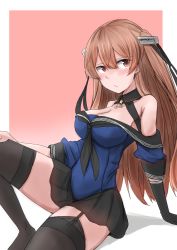 Rule 34 | 1girl, absurdres, black gloves, black skirt, black thighhighs, blue shirt, blush, breasts, brown eyes, cleavage, garter straps, gloves, gradient background, hair between eyes, highres, johnston (kancolle), kantai collection, large breasts, light brown hair, long hair, looking at another, looking to the side, off shoulder, pink background, pleated skirt, sailor collar, shadow, shirt, single glove, sitting, skirt, solo, thighhighs, two side up, united states medal of honor, white background