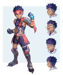 Rule 34 | 1boy, absurdres, arm up, armor, blue hair, dark-skinned male, dark skin, fantasy, full armor, gauntlets, gloves, helmet, highres, japanese clothes, looking at viewer, magic, male focus, metal, armored boots, monster hunter (series), monster hunter stories, muscular, muscular male, red eyes, solo, zxanzai