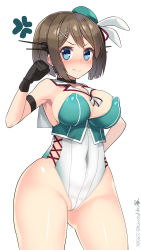 Rule 34 | 10s, 1girl, 2015, adapted costume, anger vein, angry, areola slip, arm behind back, bad id, bad pixiv id, bare hips, bare legs, between labia, black gloves, blue eyes, blush, breasts, brown hair, cleavage, clothing cutout, covered erect nipples, crop top, dated, gloves, hair ornament, hairclip, hat, headgear, highres, kantai collection, kuro chairo no neko, large breasts, leotard, looking at viewer, maya (kancolle), maya kai ni (kancolle), partially visible vulva, shiny skin, short hair, side cutout, skin tight, solo, thighs, twitter username