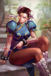 Rule 34 | 1girl, boots, bracelet, breasts, brown eyes, brown hair, brown pantyhose, bug, bun cover, capcom, china dress, chinese clothes, chun-li, cross-laced footwear, double bun, dragonfly, dress, earrings, eyeliner, hair bun, insect, jewelry, knee boots, lace-up boots, makeup, melody (chukairi), outdoors, pantyhose, pelvic curtain, puffy chest, sash, short hair, sitting, sitting on stairs, solo, spiked bracelet, spikes, stairs, street fighter