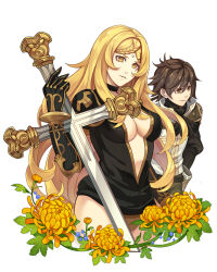 Rule 34 | 1boy, 1girl, black gloves, blonde hair, braid, braided bangs, breasts, brown eyes, brown hair, choker, chrysanthemum, cleavage, covered erect nipples, cowboy shot, cropped legs, cross, dito (drag-on dragoon), drag-on dragoon, drag-on dragoon 3, elbow gloves, facial mark, facial tattoo, five (drag-on dragoon), flower, forehead mark, french braid, gloves, hair between eyes, holding, kllsiren, large breasts, light smile, long hair, looking at viewer, mole, mole under eye, parted bangs, parted lips, roman numeral, simple background, single braid, smile, standing, tattoo, thighs, turtleneck, weapon, white background, yellow eyes, yellow flower