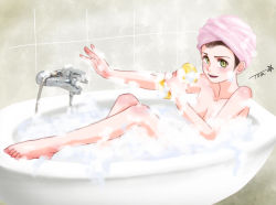 Rule 34 | 1girl, bath, bathing, bathtub, blush, breasts, breasts day, brown hair, bubble, bubble bath, chutohampa, cleavage, green eyes, open mouth, original, signature, smile, solo, towel, towel on head