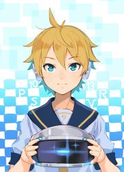 Rule 34 | 1boy, bad id, bad twitter id, blonde hair, blue eyes, checkered background, cowlick, eyebrows, gradient background, hair between eyes, head-mounted display, headphones, holding, kagamine len, looking at viewer, male focus, sagami hako, smile, solo, upper body, virtual reality, vocaloid