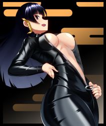 Rule 34 | 1girl, biker clothes, bikesuit, black hair, blunt bangs, bodysuit, breasts, center opening, commentary request, dead or alive, dead or alive 5, hair ornament, hand on own hip, highres, large breasts, long hair, no bra, nyotengu, open clothes, pink eyes, profile, simple background, skin tight, solo, underboob, unzipped, unzipping, volyz, zipper