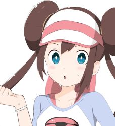 Rule 34 | 1girl, :o, bad id, bad pixiv id, blue eyes, blush, bow, brown hair, collarbone, commentary request, creatures (company), double bun, game freak, genbu (user unhx5348), hair bun, hand up, highres, long hair, looking at viewer, nintendo, open mouth, pink bow, pokemon, pokemon bw2, raglan sleeves, rosa (pokemon), shirt, sidelocks, simple background, solo, sweat, tongue, twintails, two-tone headwear, visor cap, white background