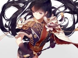 Rule 34 | 1girl, aiguillette, atha (leejuiping), belt, black gloves, black hair, blunt bangs, blush, cape, capelet, epaulettes, eyebrows, eyelashes, flower, from above, fur trim, glint, gloves, gradient background, grey background, holding, holding sword, holding weapon, lace trim, long hair, long sleeves, looking away, military, military uniform, personification, sash, shade, sheath, solo, sparkle, sword, tassel, uniform, unsheathing, very long hair, weapon, white background