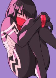 Rule 34 | 1girl, absurdres, animification, black bodysuit, black hair, bodysuit, breasts, cindy moon, highres, looking at viewer, marvel, mask, medium breasts, one eye closed, silk, silk (marvel), solo, spider-man (series), spider web print, sushi pizza rrr