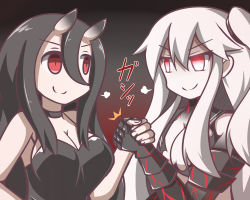 Rule 34 | 10s, 2girls, abyssal ship, aircraft carrier princess, battleship princess, black dress, black hair, breasts, cleavage, commentary request, dress, feiton, gauntlets, gradient background, hand grab, horns, kantai collection, large breasts, long hair, multiple girls, one side up, pale skin, red eyes, skin-covered horns, spaghetti strap, translation request, white hair