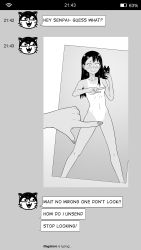 Rule 34 | 1girl, black hair, blush, breasts, closed mouth, collarbone, completely nude, convenient censoring, english text, feet out of frame, female pov, hair ornament, hairclip, highres, holding, holding phone, ijiranaide nagatoro-san, legs apart, long hair, meme, mirror, monochrome, nagatoro hayase, nail polish, navel, nude, one-piece tan, one finger selfie challenge (meme), phone, photo (object), pov, selfie, small breasts, standing, szmitten, tan, tanline, text messaging, wavy mouth