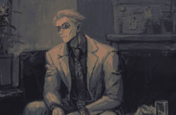 Rule 34 | 1boy, animal print, collared shirt, couch, cup, drinking glass, goggles, greyscale, highres, jujutsu kaisen, leopard print, long sleeves, male focus, monochrome, nanami kento, necktie, plant, shirt, short hair, sitting, solo, table, watch, wristwatch, zztzza