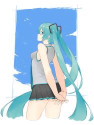 Rule 34 | 1girl, aqua eyes, aqua hair, aqua necktie, arms behind back, bare arms, bare shoulders, bird, black skirt, blue sky, breasts, closed mouth, cloud, cowboy shot, cropped legs, day, dress, fhang, grey shirt, hair between eyes, hatsune miku, long hair, necktie, outdoors, own hands together, pleated skirt, profile, shirt, skirt, sky, sleeveless, sleeveless dress, sleeveless shirt, small breasts, smile, solo, standing, tareme, thighs, twintails, very long hair, vocaloid