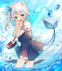 Rule 34 | 1girl, :d, animal bag, animal ears, asymmetrical hair, bag, blue eyes, blue hair, blue nails, blue skirt, blue sky, blunt bangs, blush, buttons, cat ears, cloud, cube hair ornament, day, eyelashes, fingernails, fins, fish tail, frilled shirt, frills, gawr gura, gawr gura (casual), hair ornament, hands up, highres, hololive, hololive english, in water, light rays, long hair, looking at viewer, multicolored hair, nail polish, norisukexxy, open mouth, outdoors, shark bag, shark tail, sharp teeth, shirt, shoulder bag, side ponytail, sidelocks, skirt, skirt set, sky, sleeveless, sleeveless shirt, smile, solo, standing, strap slip, streaked hair, sunlight, tail, teeth, tongue, virtual youtuber, wading, water, water drop, white hair, white shirt
