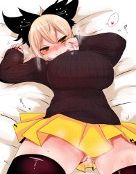 Rule 34 | 1girl, aftersex, black thighhighs, blonde hair, blush, breasts, cum, cumdrip, han (jackpot), huge breasts, kurodani yamame, lying, miniskirt, no panties, on back, on bed, pleated skirt, ribbed sweater, skirt, solo, sweater, thighhighs, touhou, yellow eyes, yellow skirt
