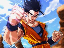 Rule 34 | absurdres, black eyes, black hair, cloud, cloudy sky, dragon ball, fighting stance, highres, lightning, muscular, muscular male, potential unleashed, sky, smirk, son gohan, spiked hair, sunlight, tagme, ultimate gohan
