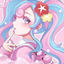 Rule 34 | 1girl, blush, cardigan, character doll, clefairy, creatures (company), earrings, fairy miku (project voltage), flower, game freak, gen 1 pokemon, hair flower, hair ornament, hatsune miku, highres, jewelry, long hair, long sleeves, multicolored hair, nail polish, nintendo, parted lips, pink cardigan, poke ball, pokemon, project voltage, sani (saaanii), twintails, two-tone hair, very long hair, vocaloid