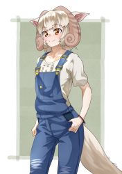 Rule 34 | 1girl, animal ear fluff, animal ears, blonde hair, bracelet, center frills, cowboy shot, curled horns, frills, highres, horizontal pupils, horns, jewelry, kemono friends, looking at viewer, orange eyes, overalls, sheep (kemono friends), sheep ears, sheep girl, sheep horns, sheep tail, shirt, short hair, short sleeves, simple background, smile, solo, split mouth, tail, tanabe (fueisei), white shirt